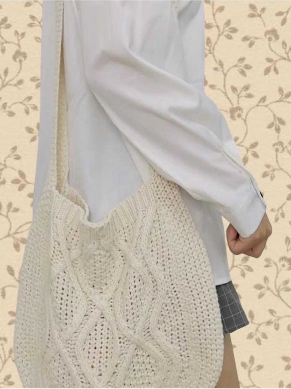 Cream Knit Shoulder Bag Boho Slouchy Hobo Tote